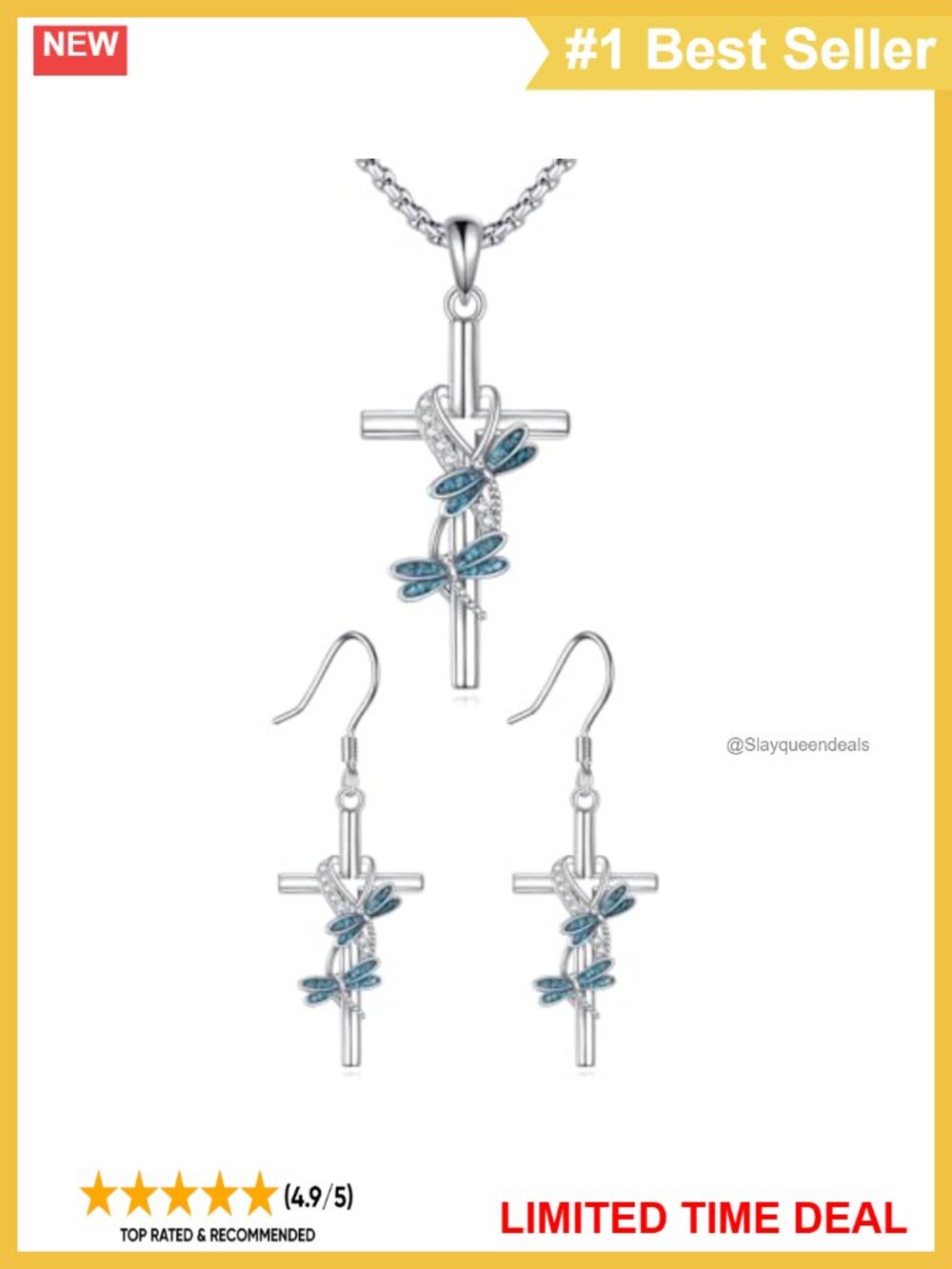 925 Sterling Silver Dragonfly Cross Necklace Earrings Set 22 Inch Stainless